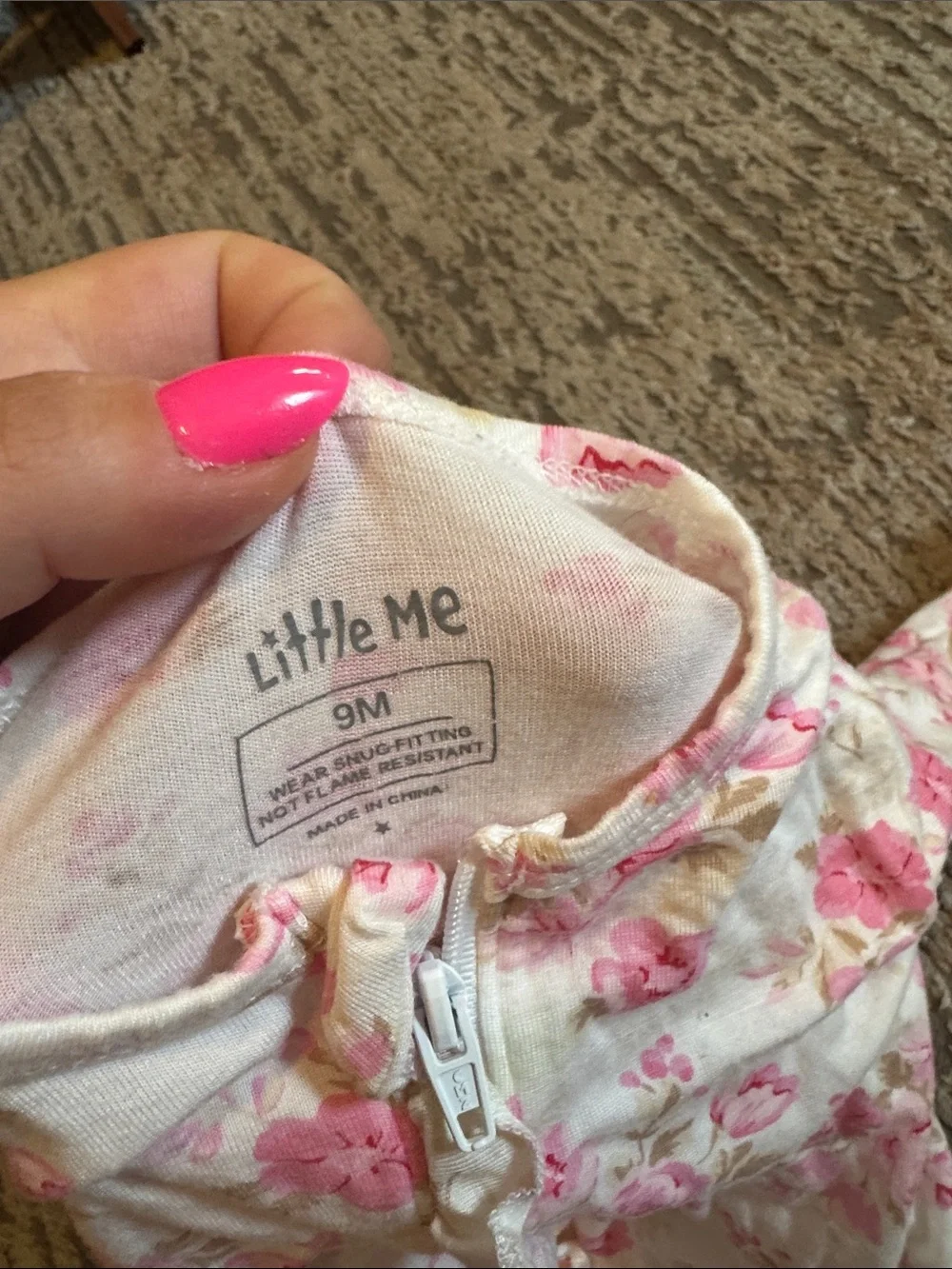 Little Me Cream One-Piece Footed Pajamas with Pink Floral Print 6-9 month